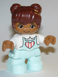 LEGO 47205pb072 Duplo Figure Lego Ville, Child Girl, Light Aqua Legs, White Top with Coral Stripes in Heart, Reddish Brown Hair