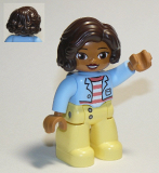 LEGO 47394pb284 Duplo Figure Lego Ville, Female, Bright Light Yellow Legs, Bright Light Blue Top with Coral and White Stripes Shirt, Dark Brown Hair
