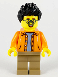 LEGO hol185 Man, Black Spiky Hair, Glasses, Orange Jacket, Sand Blue Shirt, Dark Tan Legs