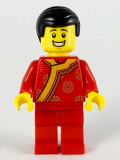 LEGO hol186 Toy Vendor, Black Hair, Red Changshan with Bright Light Orange Wide Hem, Gold Circle Patterns