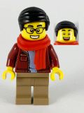 LEGO hol187 Man, Black Hair, Glasses, Red Scarf, Dark Red Jacket, Sand Blue Shirt, Dark Tan Legs