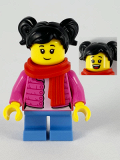 LEGO hol189 Child Girl, Black Hair, Red Scarf, Dark Pink Puffy Jacket, White Shirt, Medium Blue Short Legs