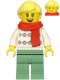 LEGO hol216 Woman, White Turtleneck Sweater, Sand Green Legs, Bright Light Yellow Hair, Red Scarf