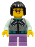 LEGO hol262 Child Girl, Flat Silver Jacket, Medium Lavender Short Legs, Black Short Hair, Glasses