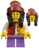 LEGO hol308 Lunar New Year Parade Spectator - Child Girl, Red and Bright Light Yellow Jacket, Medium Lavender Short Legs, Dark Red Stocking Cap, Black Hair