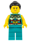 LEGO hol314 Lunar New Year Parade Participant - Musician, Female, Ornate Dark Turquoise Costume, Black Bun, Slight Smile